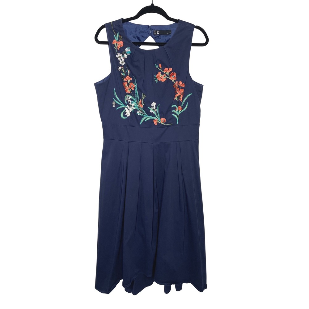 Leslie Fay Fit and Flare Dress Womens 14 Blue Floral Embroidered Classic